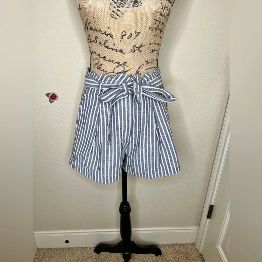 High-Waist Navy & White Striped Paperbag Shorts with Tie Waist